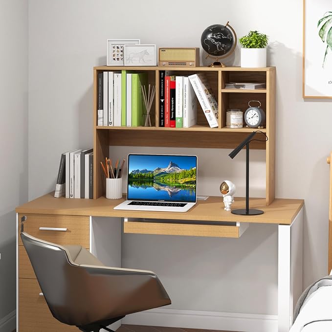 LDAILY Desktop Bookshelf, 2-Tier Office Desk Shelf Organizer Desk Hutch with 4 Shelves, 37’’L Wood Storage Rack Display Shelf for Computer Desk, Office, College Dorm, Bedroom (Natural)