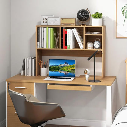 GOFLAME 4 Cubes Desktop Bookshelf, 37” Tabletop Wood Desk Shelf for Computer Monitor, Modern Countertop Desk Display Hutch Storage Organizer Shelf for Home Office, Dorm, Study, Natural
