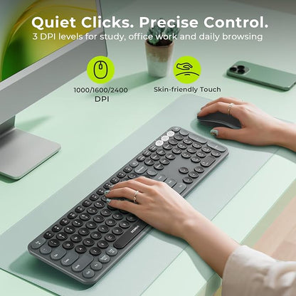 seenda Wireless Bluetooth Keyboard Mouse Combo, COE202 Retro Cute Round Keyboard, Silent Mouse, 3 Multi-Device Connection, Full Size Compatible for PC/Laptop/Mac/MacBook/iPad/Tablet, Black
