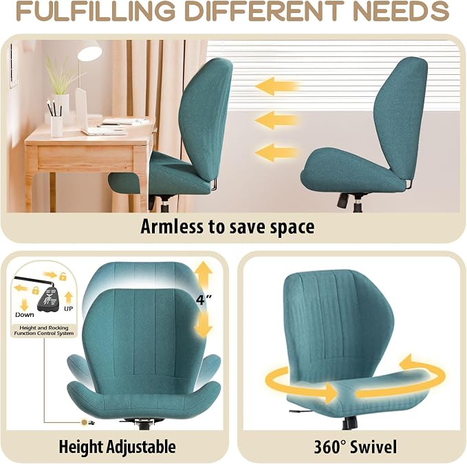 ZZW Criss Cross Chair with Wheels, Wide Cross Legged Office Chair Armless Comfy Desk Chair with Tall Back Vanity Chairs with Stress Relief Curved Design Seat for Bedroom & Office & Home Blue