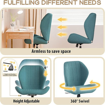 ZZW Criss Cross Chair with Wheels, Wide Cross Legged Office Chair Armless Comfy Desk Chair with Tall Back Vanity Chairs with Stress Relief Curved Design Seat for Bedroom & Office & Home Blue