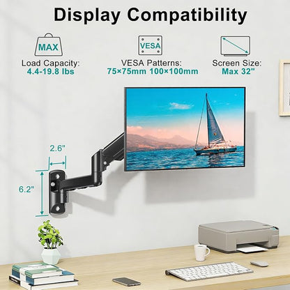 MOUNT PRO Monitor Wall Mount for 13 to 32 Inch Computer Screens, Single Monitor Mount with Tilt/Swivel/Rotation Adjustable, Gas Spring Wall Arm Holds up to 19.8lbs, Vesa Wall Mount 100x100