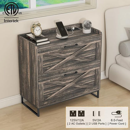 Halitaa File Cabinet 2 Drawers Lateral File Cabinet with Charging Station for Letter/Legal/A4 Size Hanging Files, Large Wood File Storage Cabinets Printer Stand for Home Office, Dark Rustic Oak