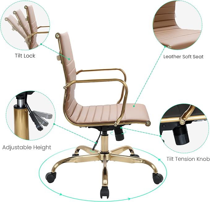 LeisureMod Harris Modern Ergonomic Executive Office Chair, High-Back Leather Conference Desk Chair with Adjustable Height, Tilt Control, 360° Swivel & Gold Frame for Home Office