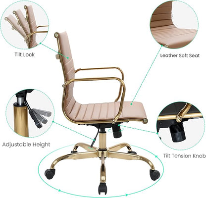 LeisureMod Harris Modern Ergonomic Executive Office Chair, High-Back Leather Conference Desk Chair with Adjustable Height, Tilt Control, 360° Swivel & Gold Frame for Home Office