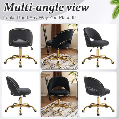 VINGLI Modern Velvet Small Office Chair,Cute Desk Chair with Wheels,Gold Base/Studs, Comfy Armless Swivel Vanity Task Chair for Women/Girl/Kids, Nail Tech Chair for Bedroom,Small Space,Black