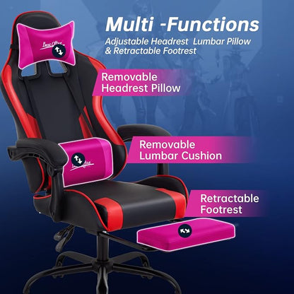 Gaming Chair Office Chair Desk Chair with Footrest Lumbar Support Headrest Armrest Task Rolling Swivel Ergonomic E-Sports Adjustable PC Gamer Chair (Red)