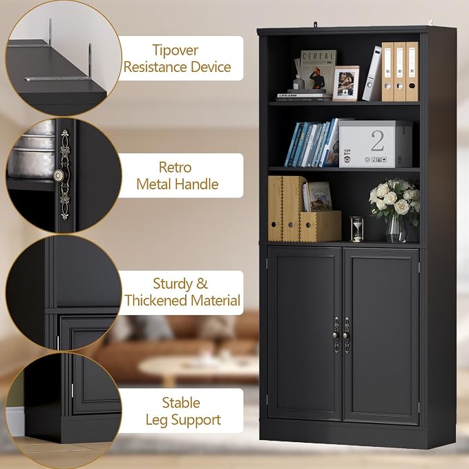 Thacuok 72'' Tall Bookcase with Doors, Adjustable Shelves, P2 MDF Construction, 32'' Wide Freestanding Cabinet with Metal Handles, Hidden Storage for Living Room, Bedroom