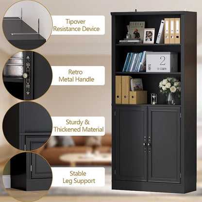 Thacuok 72'' Tall Bookcase with Doors, Adjustable Shelves, P2 MDF Construction, 32'' Wide Freestanding Cabinet with Metal Handles, Hidden Storage for Living Room, Bedroom