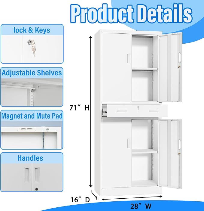 BESFUR Metal Storage Cabinet with 1 Drawer and Adjustable Shelves, 71" H Reinforced Heavy Duty Locking Storage Cabinet for Office, Garage, Home, School, Utility(White)