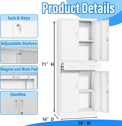 BESFUR Metal Storage Cabinet with 1 Drawer and Adjustable Shelves, 71" H Reinforced Heavy Duty Locking Storage Cabinet for Office, Garage, Home, School, Utility(White)