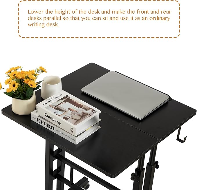 SIDUCAL Mobile Standing Desk, Portable Stand Up, Small Adjustable Converter with Wheels Home Office Workstation, Rolling Desk Laptop Cart for Standing or Sitting, Black