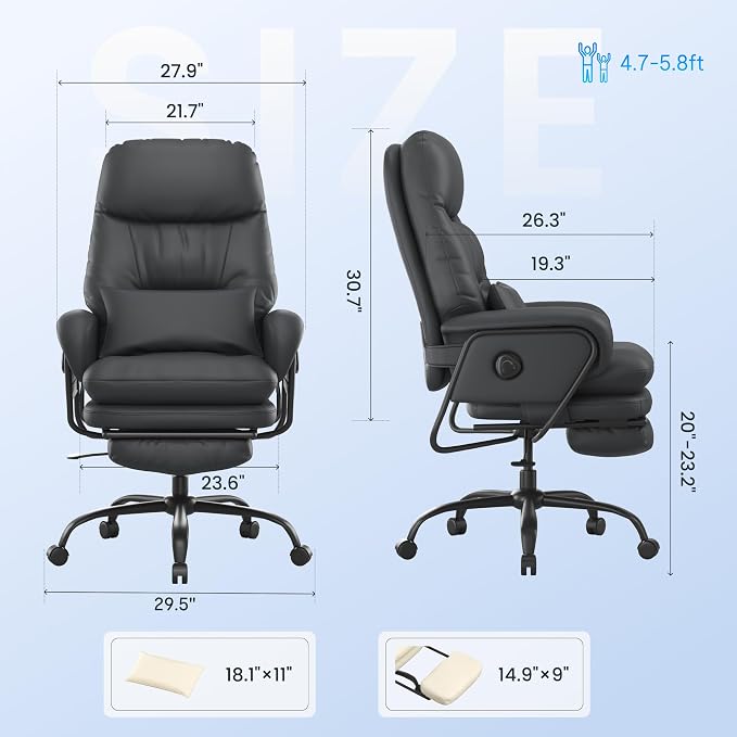 FLEXISPOT Cooling Ergonomic Office Chair with Footrest Indoor Lounge Computer Chair with 90-165° 4-Level Reclining, Chairs for Working Relaxing Sleeping, Tech Cooling Leather with 0.4 Q-Max, Black
