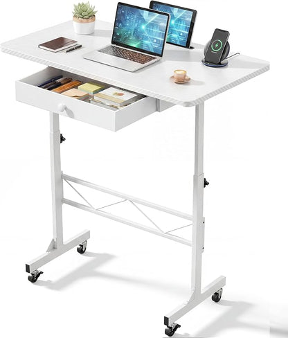 COMHOMA Small Standing Desk with Storage Drawer, Mobile Height Adjustable Rolling Sit Stand Desk with Lockable Wheels 4‑Level Portable Laptop Desk for Small Space Home Office Treadmill Workstation