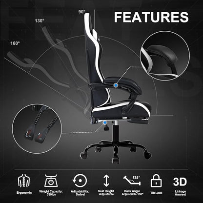 GTPLAYER Gaming Chair High Back Computer Chairs with Foot Rest for Adults, Ergonomic Height Adjustable Recliner Chair 300lbs with Linkage Armrest and Lumbar Support for Home Office, White
