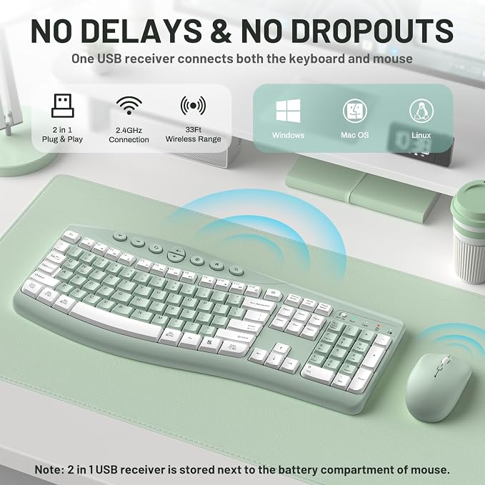 Wireless Keyboard and Mouse Combo,2.4G Full Size Ergonomic Curved Silent Keyboard with Fn Multimedia Keys for Office and Home, 3-DPI Quiet Mouse for Windows,Mac OS Desktop/Laptop/PC(Avocado Green-A)