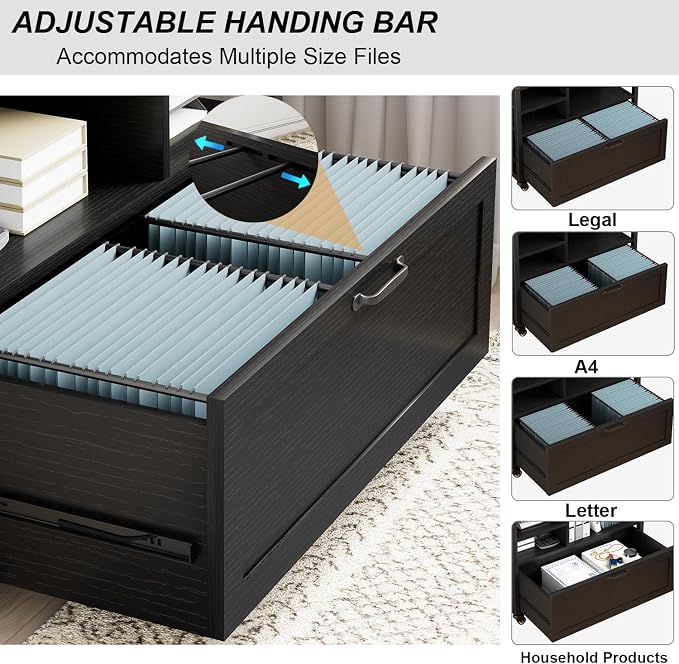 HSH Rolling Lateral File Cabinet with Storage Drawer, Black Mobile Filing Cabinet for Legal/Letter Size, Wood Metal Printer Stand with Shelves, Wheels & Hanging File Folder for Home Office Desk, 33 In