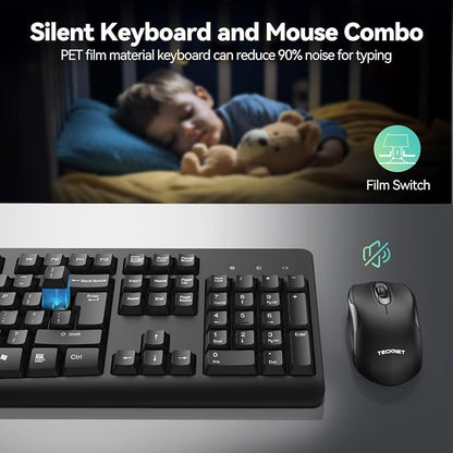 TECKNET Wireless Keyboard and Mouse Combo, Full-Size Ergonomic Keyboard & Optical Mouse, Low-Noise Typing & Clicking,Long Battery Life,Spill-Resistant,2.4G Lag-Free USB Receiver for PC,Laptop,Computer