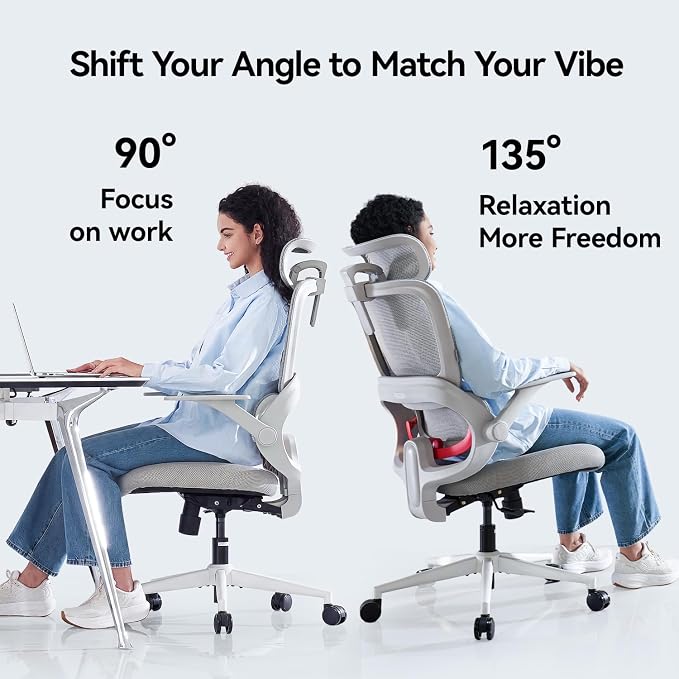 SIHOO B100 SE Office Chair, Desk Chair with Adaptive Lumbar Support & 2D Flip-up Armrests, 135° tilt Soft Memory Foam Erogonomic Chair for Home Office,Hold 300 LBS-White