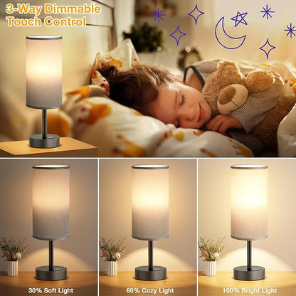 Dicoool Small Touch Bedside Lamp with USB - 3 Way Dimmable Grey Table Lamp for Bedroom, Nightstand Lamp with Charging Station for Desk Dorm, Office