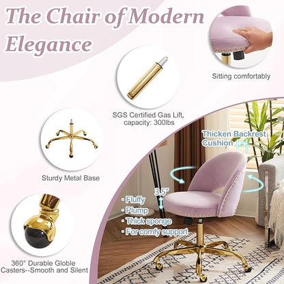 VINGLI Modern Velvet Small Office Chair,Cute Desk Chair With Wheels,Gold Base/Studs,Comfy Armless Swivel Vanity Task Chair For Women/Girl/Kids,Nail Tech Chair For Office,Small Space,Mauve Light Purple