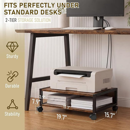 Zonon 2 Tier Printer Stand Under Desk with Lockable Wheels 19.7x15.7x7.9 Inch Rolling Printer Table Cart Under Desk Short Movable Storage Shelf for Home Office Organization (Open Shelf Style,Brown)