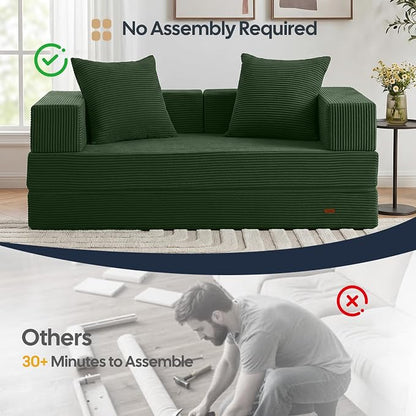 COMAX Futon Sofa Bed, 4‑in‑1 Convertible Sofa Bed, Folding Boneless Couches | Boneless Couch for living room, Fold Out Small Foldable Loveseat Floor Sleeper Mattress Lounge Space‑Saving, Green