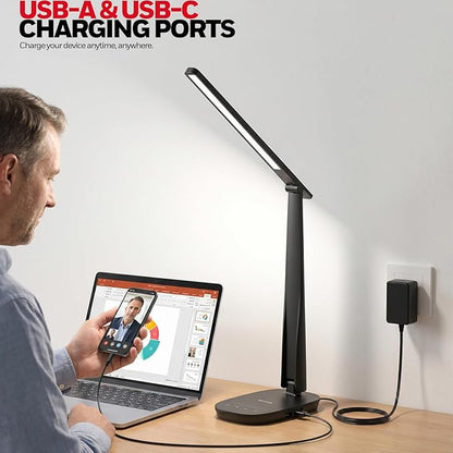 Honeywell LED Desk Lamp for Home Office, Eye-Caring Dimmable Reading Light with 4 Color Modes, Touch Control, USB-A & USB-C Charging Ports, Adjustable Head, Timer for Bedroom & Small Desks