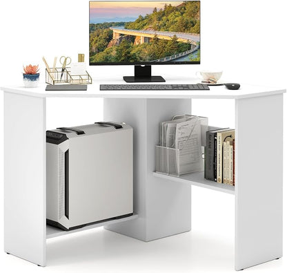 Giantex Corner Desk, Space-Saving Triangle Computer Desk with Storage Shelves & CPU Stand, Modern Makeup Vanity Table for Bedroom, Writing Desk for Small Spaces (White)