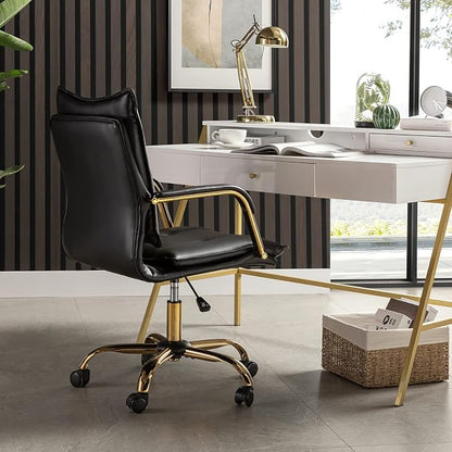 HULALA HOME Faux Leather Home Office Desk Chair, Adjustable Swivel Computer Chair with Golden Legs and Arms, Comfy Upholstered Task Chair, Black