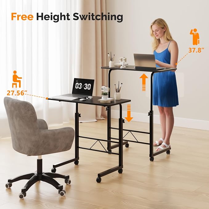VINGLI Computer Workstation, Standing Desk Adjustable Height, Small Computer Desk w/Rolling, Sit Stand Laptop Desk TV Tray Computer Workstation for Bed Sofa Hospital Reading Eating, 31.5", Black