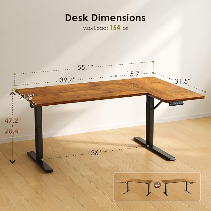 OffiGo Electric L Shaped Standing Desk, 55 Inches Height Adjustable Table, Reversible Corner Stand Up Desk, Lifting Computer Table for Home Office, Computer Workstation, Rustic Brown