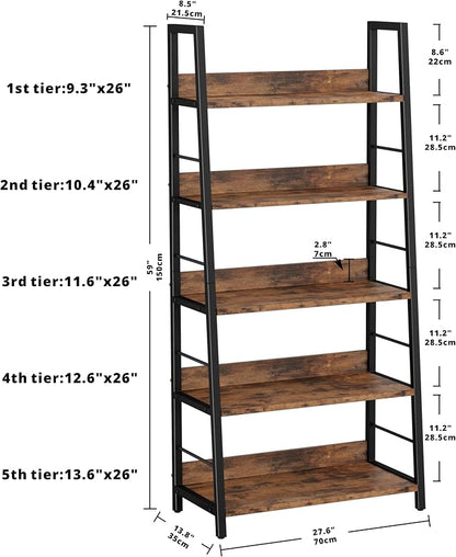 IRONCK 5 Tier Ladder Bookcase with Metal Frame Rustic Brown | Bookshelves and Bookcases,open display shelves; metal frame; shelf baffles; home office