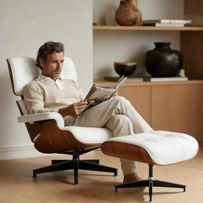 Top White Grain Leather Accent Chair,Mid Century Lounge Chair with Ottoman Chase Lounge Chair Indoor, Modern Chair Classic Design,Heavy Duty Base Support for Living Room Office Walnut White