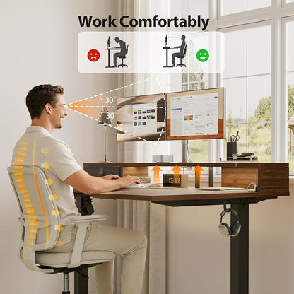 Agilestic 63 Inch L Shaped Electric Standing Desk with Shelf, Height Adjustable Large Desk with Power Outlets & LED, Corner Sit Stand Up Table with Monitor Stand, Computer Workstation, Dark Walnut