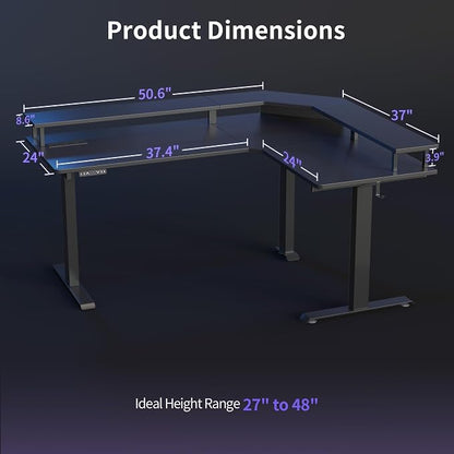 FEZIBO 63"x49" L Shaped Standing Desk with LED Strip & Power Outlets, Height Adjustable Stand up Corner Gaming Desk with Ergonomic Monitor Stand, Black Top/Black Frame（2 Packages）