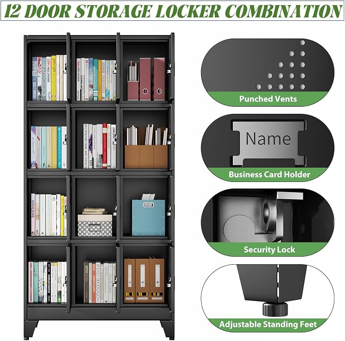 erosoei Metal Lockers for Employees, 12 Doors Metal Storage Locker | with Card Slot and Ventilation Holes, Steel Employee lockers for Home Office School Gym Garage, Requires Installation