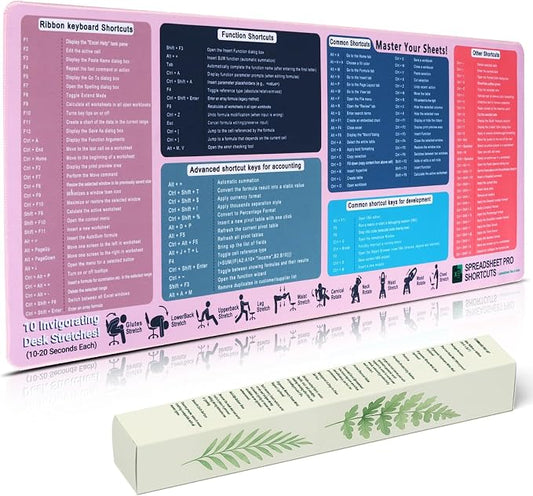 Excel Cheat Sheet Desk Pad, XXL 35.5 x 15.8 in Large Mouse Pad with Excel Shortcuts, Non-Slip Spreadsheet Reference Desk Mat for Office, Accountants, Students & Home Office, Blush Pink