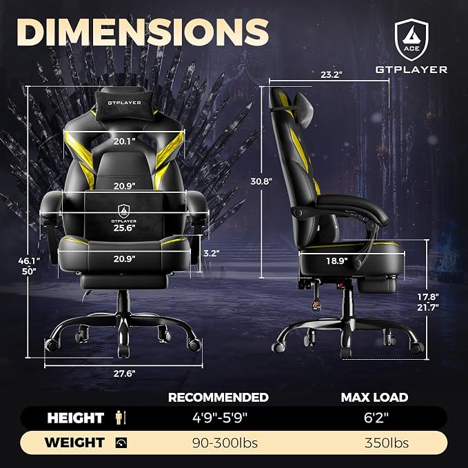 GTPLAYER Big and Tall Gaming Chair for Adults, Ergonomic Office Chair with Footrest, Heavy Duty 350 lbs Capacity, High Back, Premium Leather & Iridescent Trim, ACE-Armor, Yellow (Iridescent)