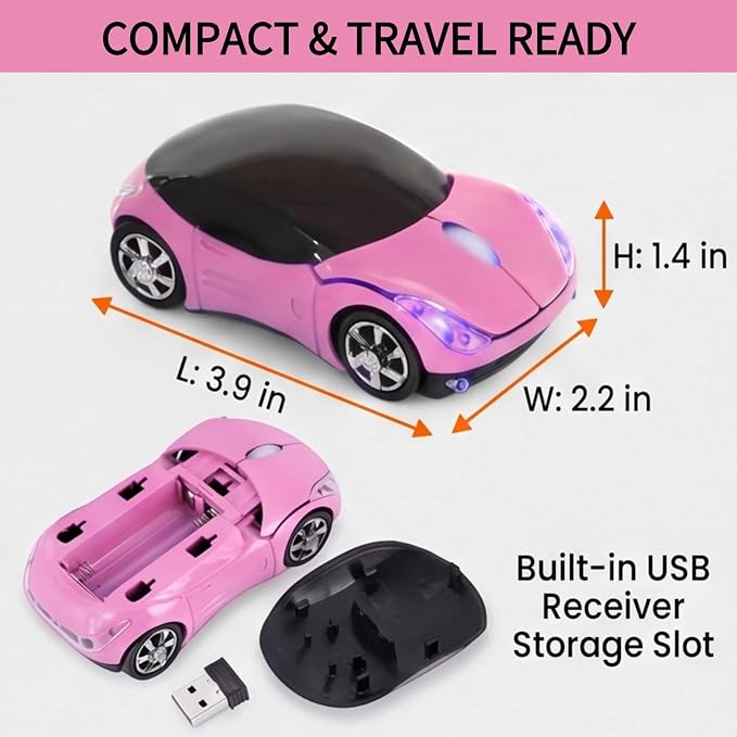 Pink Wireless Car Mouse, 2.4G Optical with USB Receiver, 1600DPI Mini Mouse, Compatible with Windows XP/Vista/7/ME/2000 & Mac OS, for PC/Laptop/Tablet, Women Girls Office