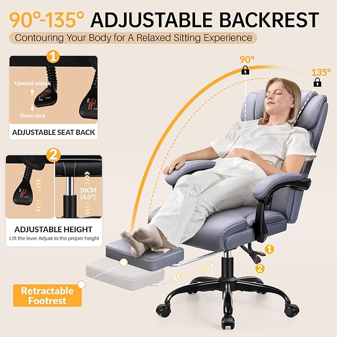 HeroSet Big and Tall Office Chair with Foot Rest, 400lbs Ergonomic Reclining High Back Executive Leather Chair, Lumbar Support Swivel Computer Desk Chairs for Heavy People Home Office Gaming(Gray)