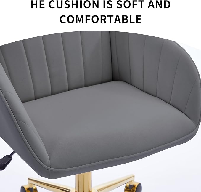 YITAI Velvet Office Desk Chair with Wheels and Gold Base,Modern Height Adjustable 360 Degree Swivel Upholstered Vanity Chairs with Arms for Living Room Bedroom, Study,Gray
