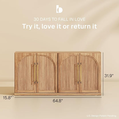 BELLEZE 65" Kitchen Storage Cabinet with Adjustable Shelves,Freestanding Accent Cabinet with Fluted Arched Design & Gold Handles,Modern Credenza for Living Room,Dining Room,Entryway - Camel