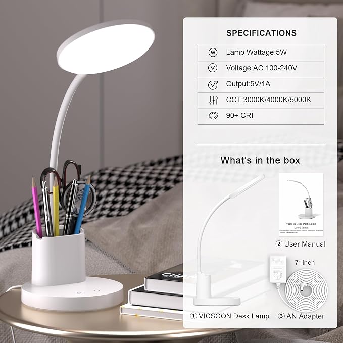 Desk Lamp, LED Desk Lamps for Home Office, Touch Table Lamp with 3 Color Modes 360° Adjustable Arm, Dimmable Desk Light with Pen Phone Holder for College Dorm, White