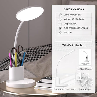Desk Lamp, LED Desk Lamps for Home Office, Touch Table Lamp with 3 Color Modes 360° Adjustable Arm, Dimmable Desk Light with Pen Phone Holder for College Dorm, White