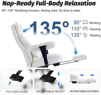 Efomao Executive Office Chair 400lbs,White Big and Tall Desk Chair | Mattress-grade pocket spring cushion, sleek leather, 135° recline & footrest for computer gaming setup.