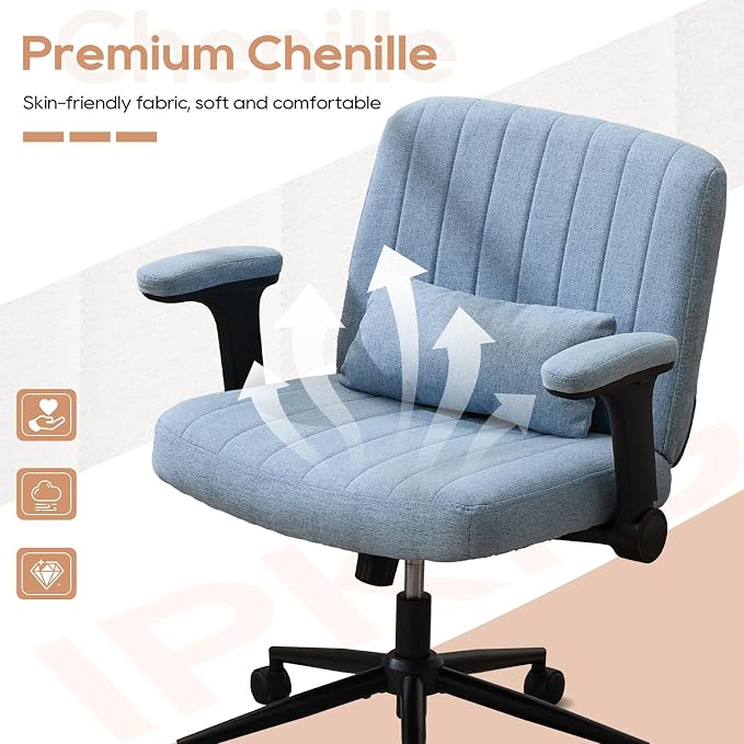 IPKIG Criss Cross Chair with Adjustable Flip-up Arms, Vanity Chair with Wheels, Comfy Desk Chair with Lumbar Pillow Swivel Wide Office Chair for Home Office, Bedroom, Linen, Blue