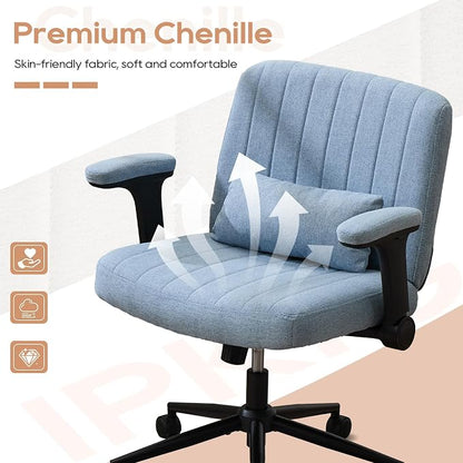 IPKIG Criss Cross Chair with Adjustable Flip-up Arms, Vanity Chair with Wheels, Comfy Desk Chair with Lumbar Pillow Swivel Wide Office Chair for Home Office, Bedroom, Linen, Blue