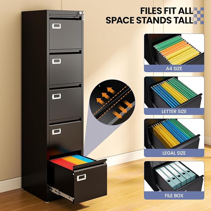 5 Drawer File Cabinet, Black Metal Filing Cabinets with Lock Name Card Holder, Metal Vertical Filing Cabinets for Home Office, Steel Storage Cabinet fits Letter/Legal/A4 Size(Assembly Required)