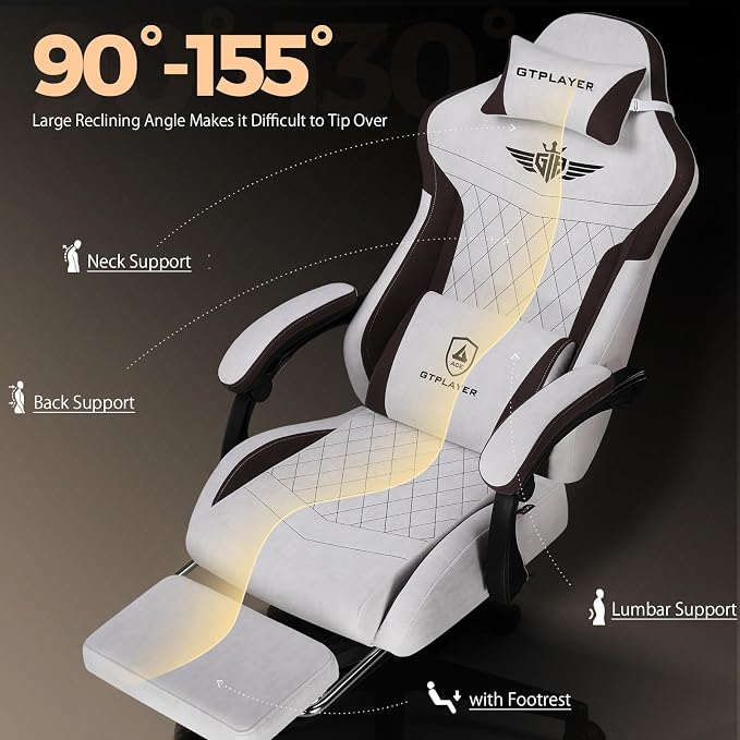 GTPLAYER Gaming Chair with Footrest, Big and Tall Game Chair High Back Computer Office Chair with Lumbar Support for Adults, Ergonomic Swivel Games Chair with Cushion Gaming, Fabric Brown